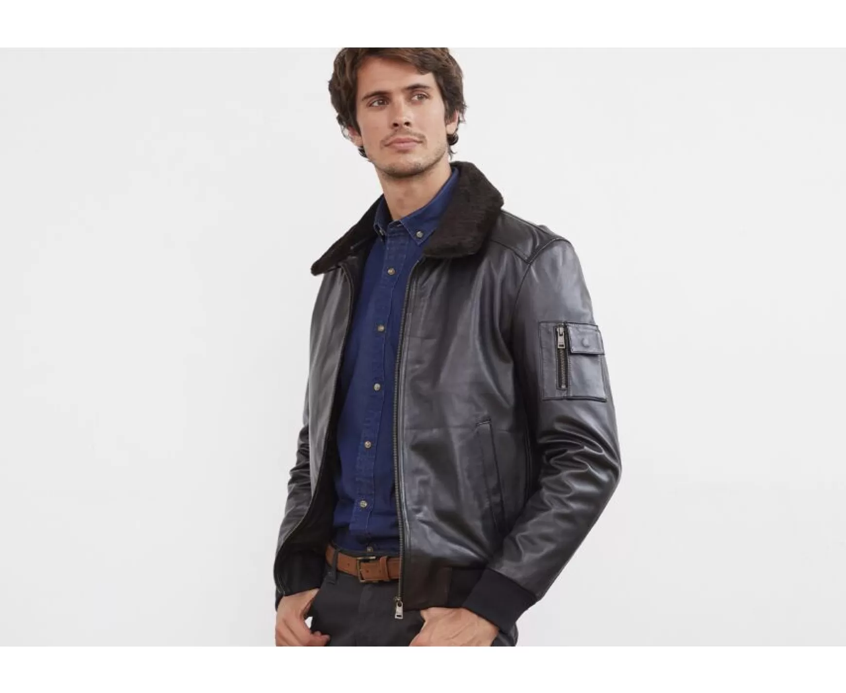 Bexley | Black Leather Aviator Jacket Everett Ii Blackblack With Black Waistband