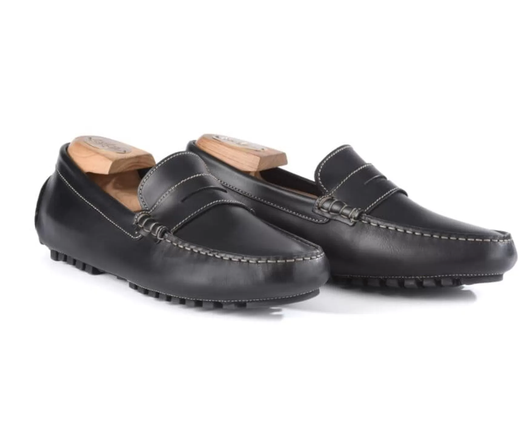 Bexley Moccasins | Black Leather Men'S Driving Moccasins Ferguson Blackblack With Black Waistband