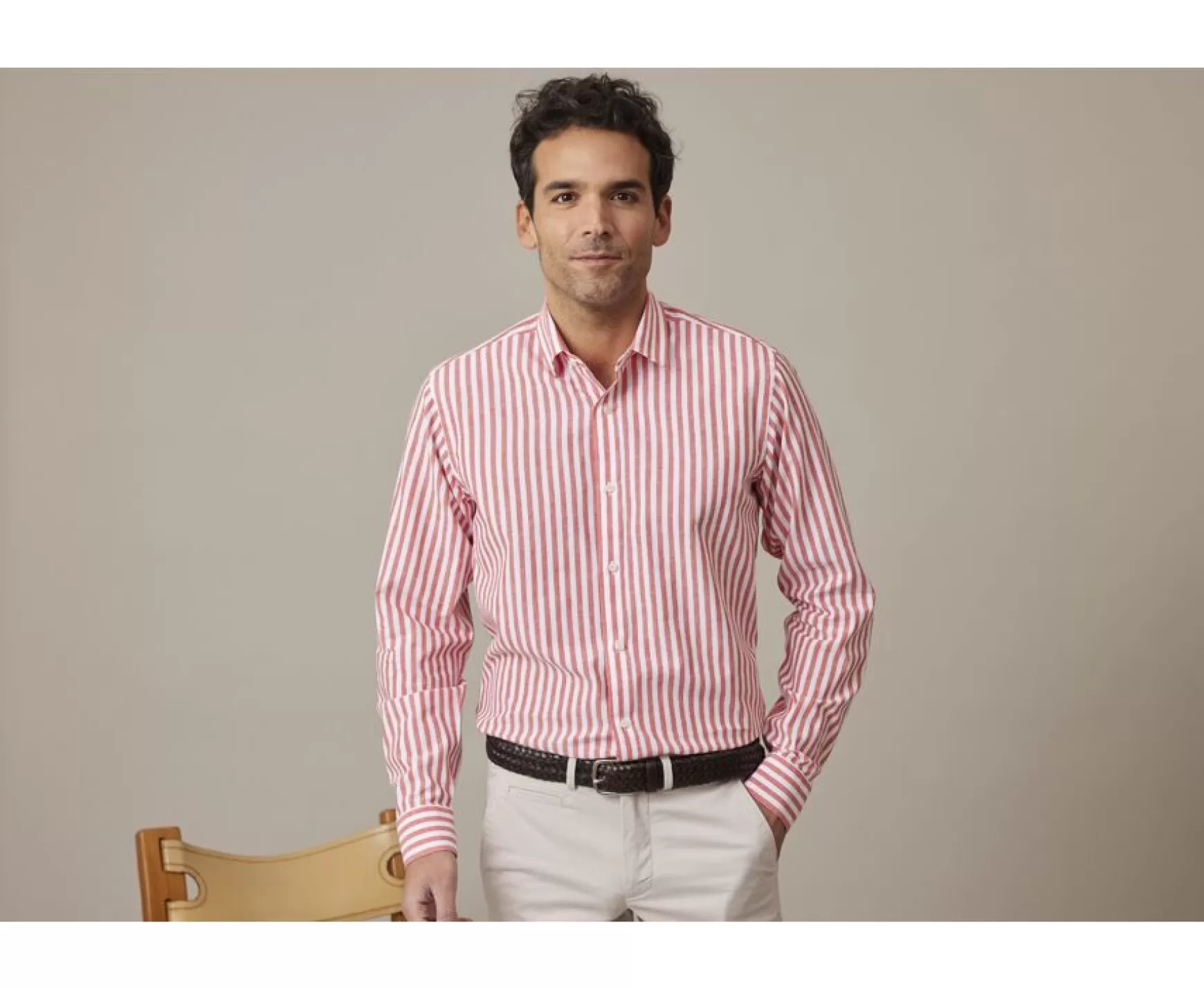 Bexley | Coral & White Striped Cotton Linen Shirt Simonin Coral And White