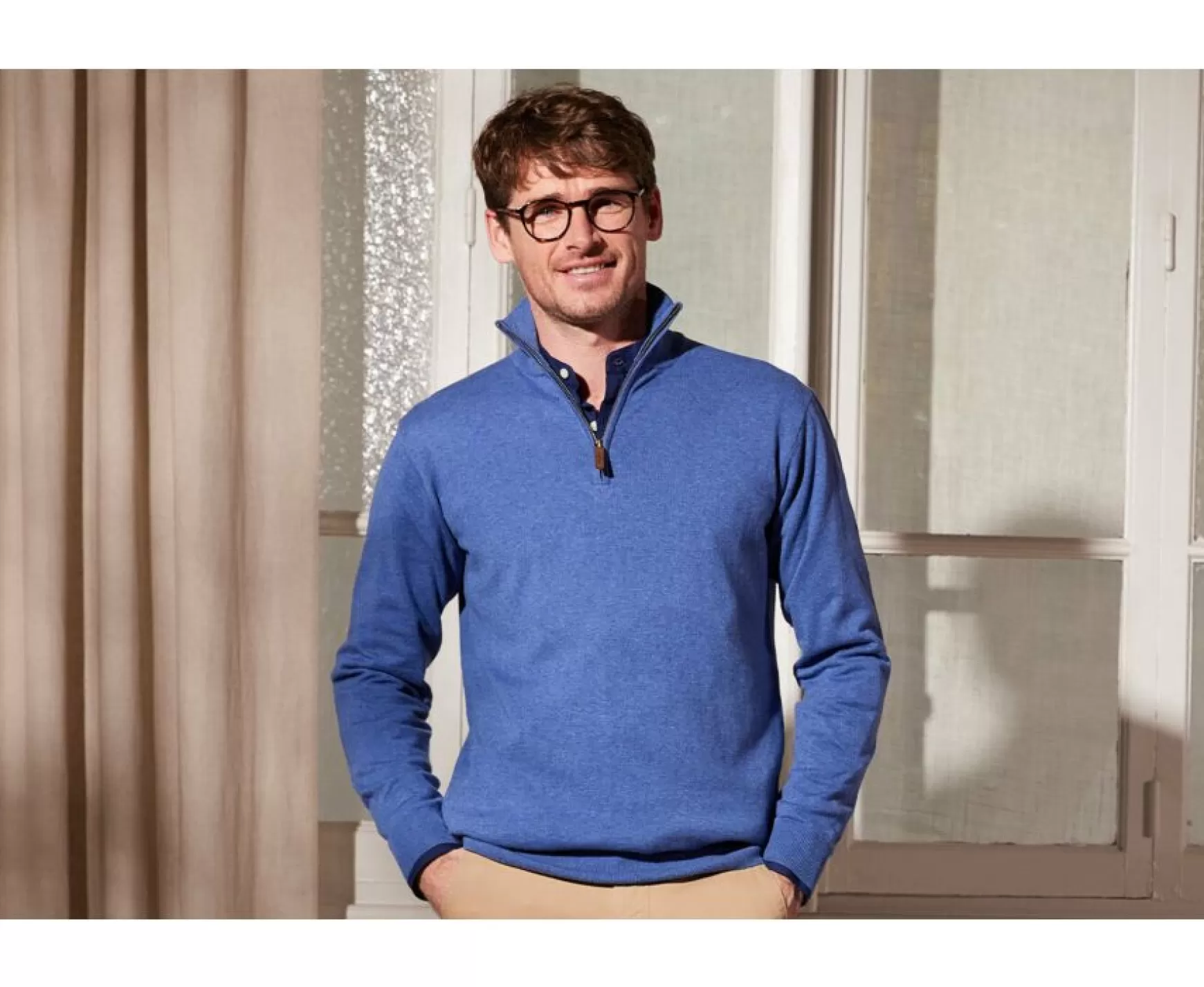 Bexley | Cotton/Cashmere Half-Zip Thin Jumper Vlad Middle Blue Melange