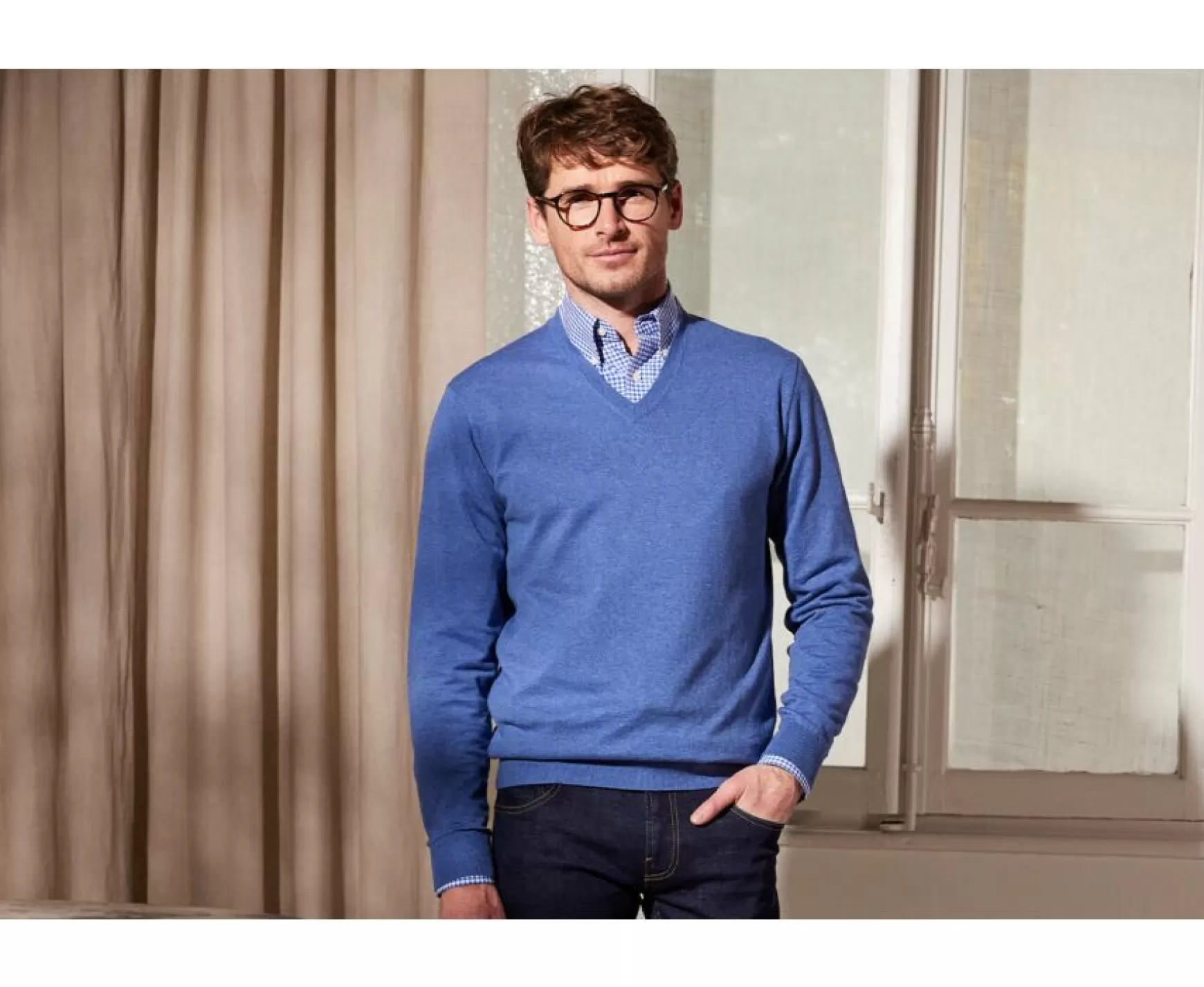 Bexley | Cotton/Cashmere Thin V-Neck Jumper Vadim Middle Blue Melange