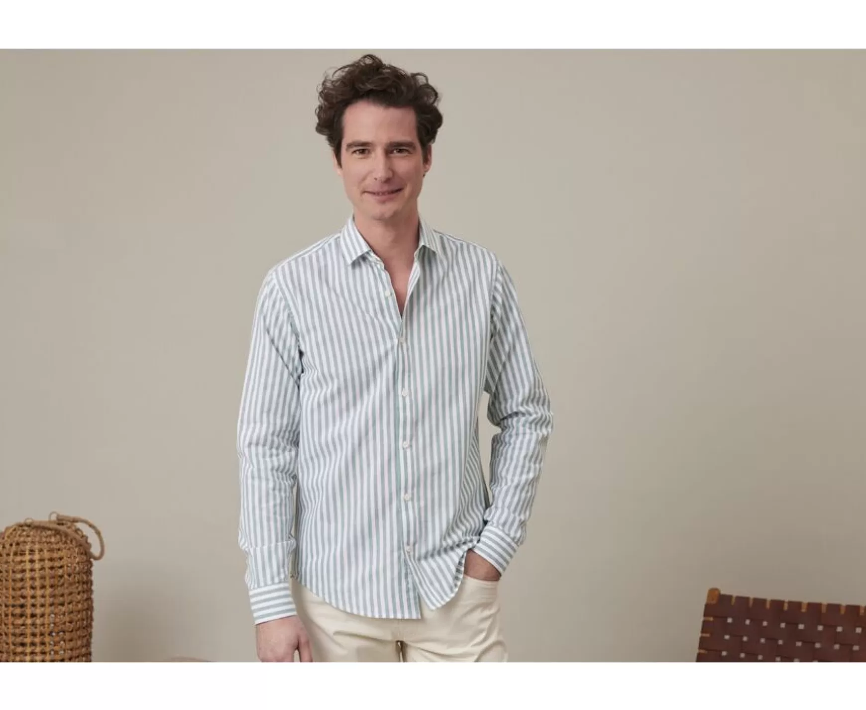 Bexley | Green & White Striped Cotton Linen Shirt Simonin Vert Et Blanc