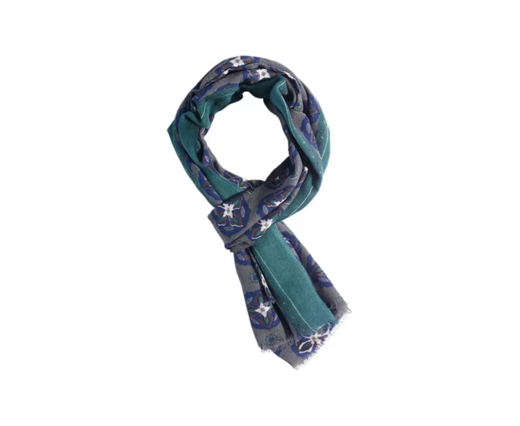 Bexley | Khaki Patterned Indigo & Green Wool Scarf | Kaki Motif Indigo Et Vert