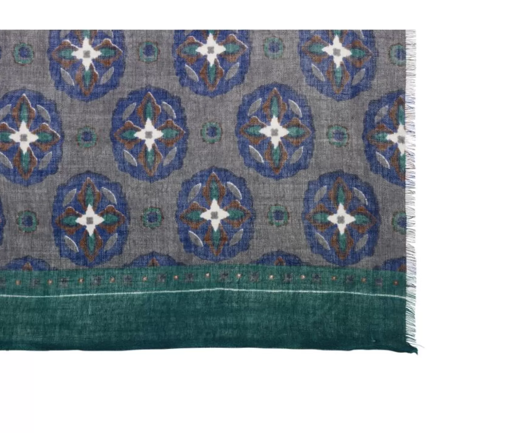 Bexley | Khaki Patterned Indigo & Green Wool Scarf | Kaki Motif Indigo Et Vert