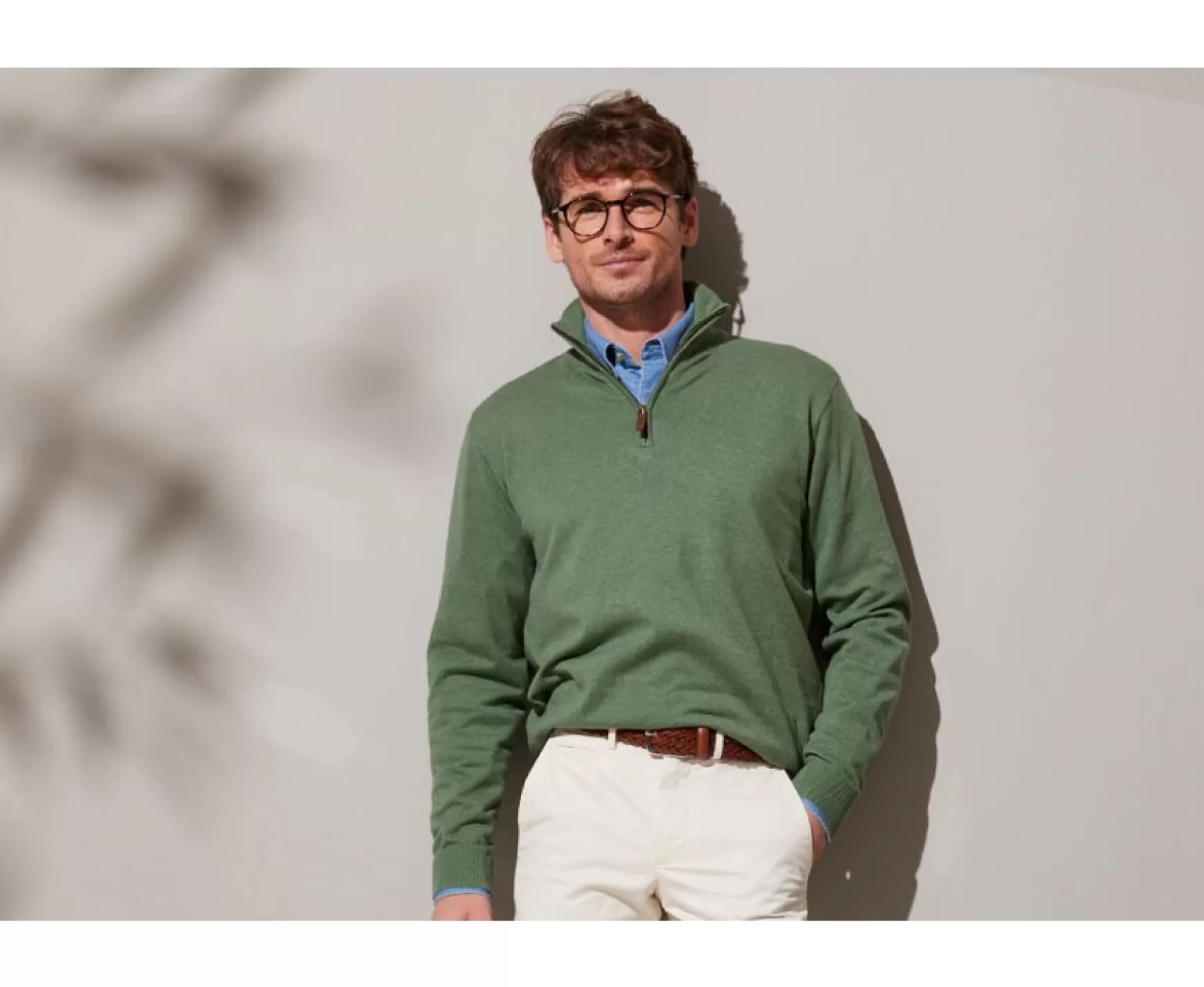 Bexley | Lime Green Cotton/Cashmere Half-Zip Thin Pullover Vlad Sage Green Melange