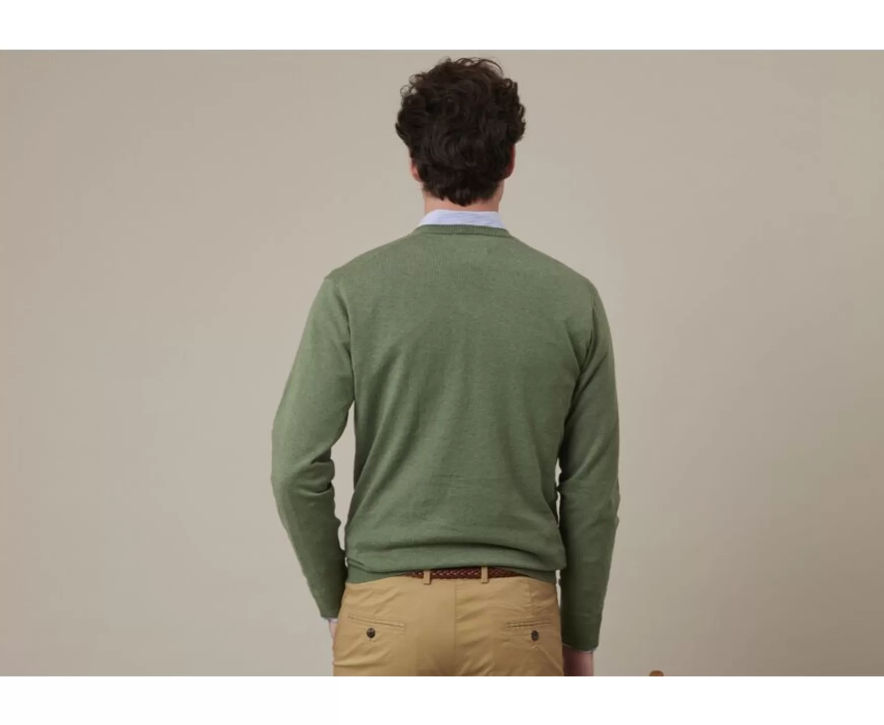 Bexley | Lime Green Melange Cotton/Cashmere Thin V-Neck Jumper Valton Sage Green Melange