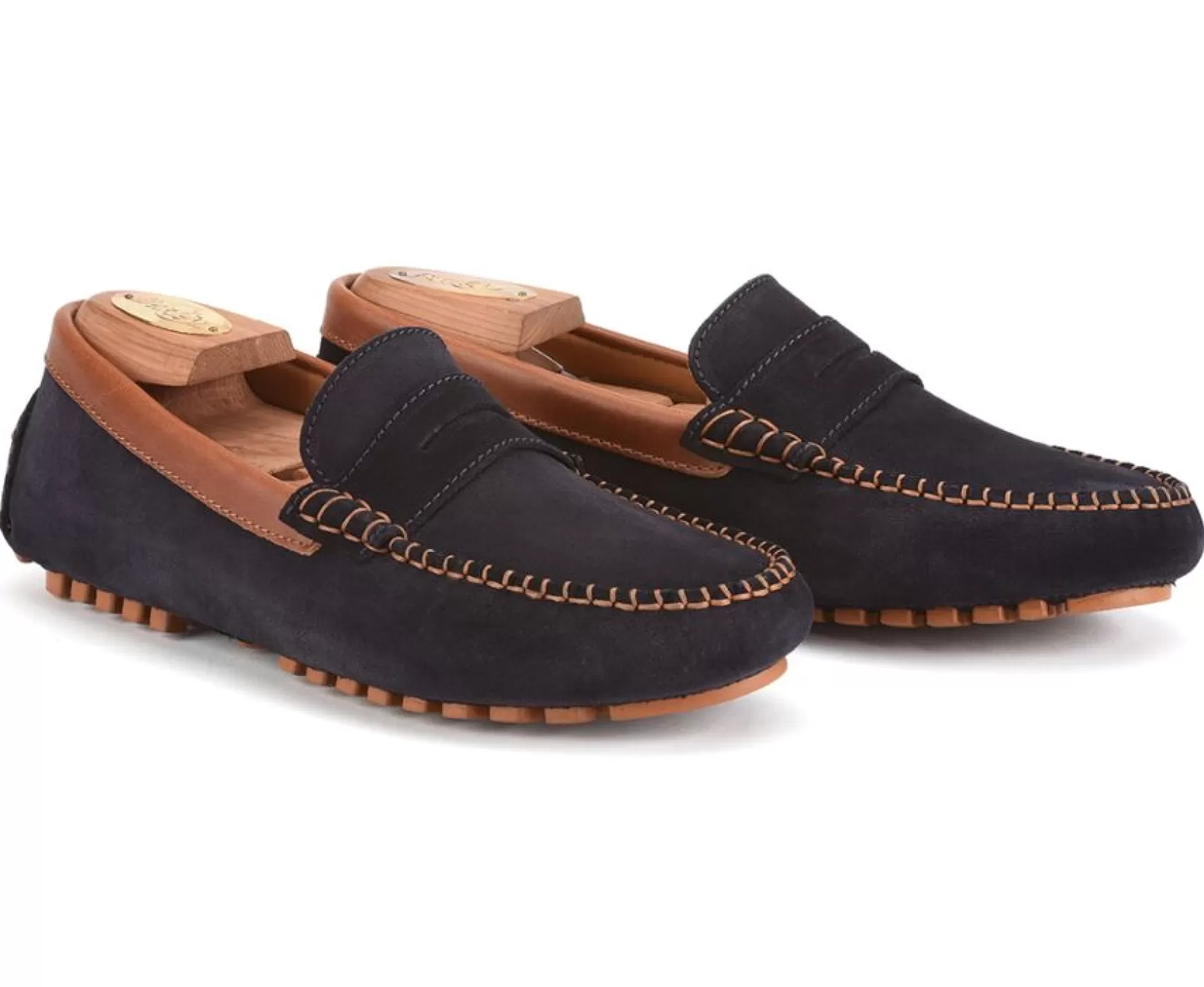 Bexley Moccasins | Men'S Driving Moccasins Biscayne Navy Suede And Chestnut