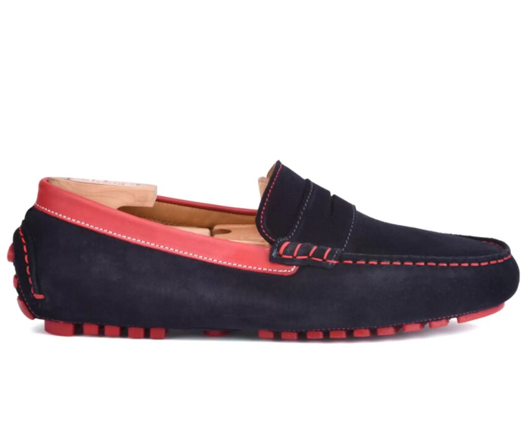 Bexley Moccasins | Men'S Driving Moccasins Ferguson Navy Suede And Red Leather