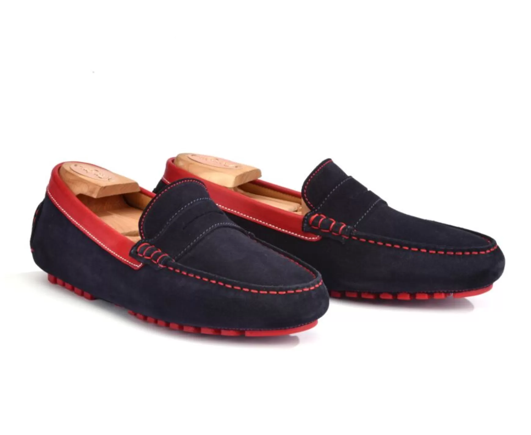 Bexley Moccasins | Men'S Driving Moccasins Ferguson Navy Suede And Red Leather