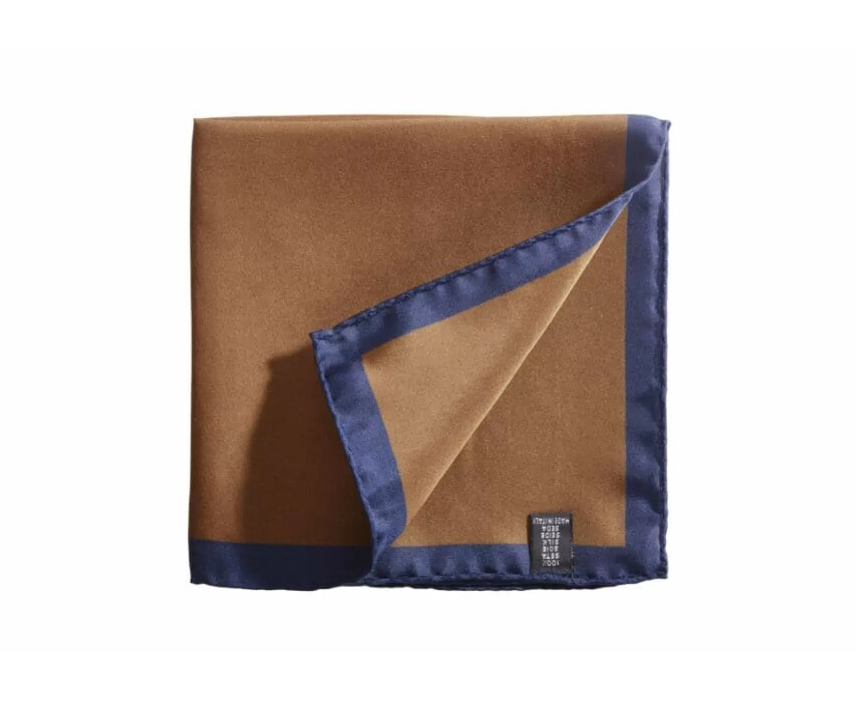 Bexley | Mulberry Silk Pocket Square Camel And Navy Border