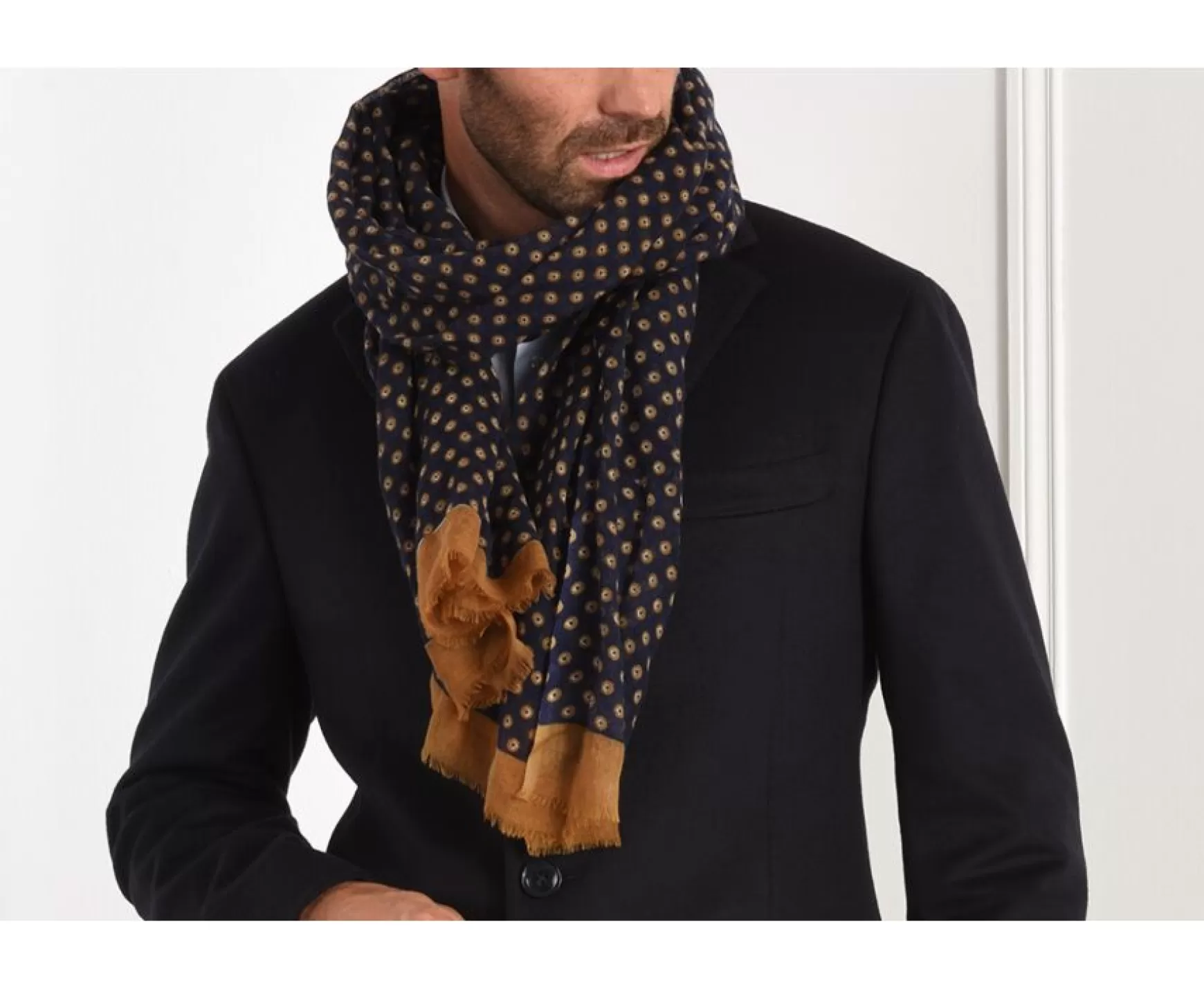 Bexley | Navy And Tawny Wool Scarf Navy And Camel Pattern