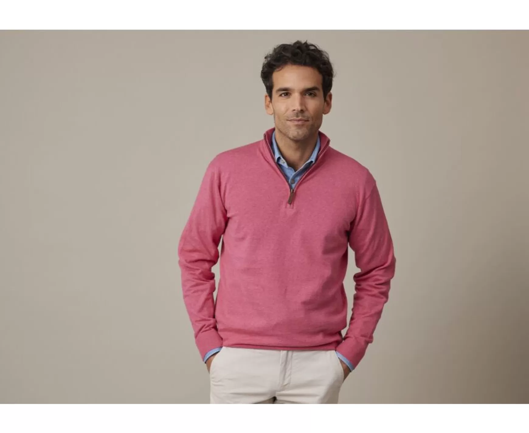 Bexley | Rasberry Melange Cotton/Cashmere Half-Zip Thin Pullover Vlad Raspberry Melange