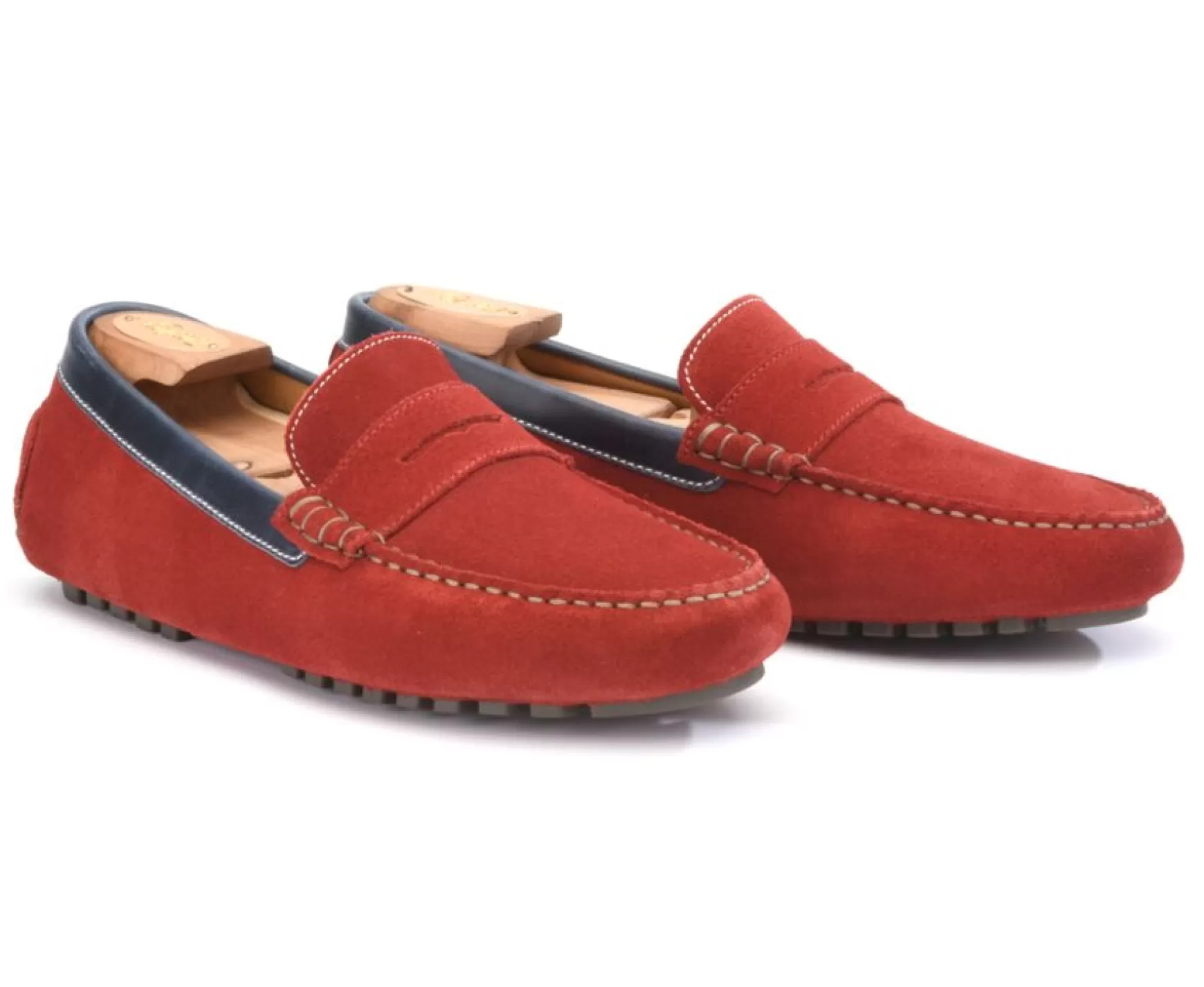 Bexley Moccasins | Red Suede And Navy Leather Men'S Driving Moccasins Ferguson Velvet Red Suede And Navy Leather