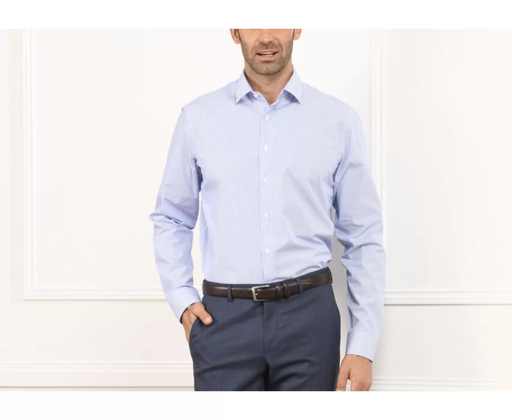 Bexley | Shirt With Thin Blue Stripes - Straight Collar Aubertin Classic Blue Ocean And White