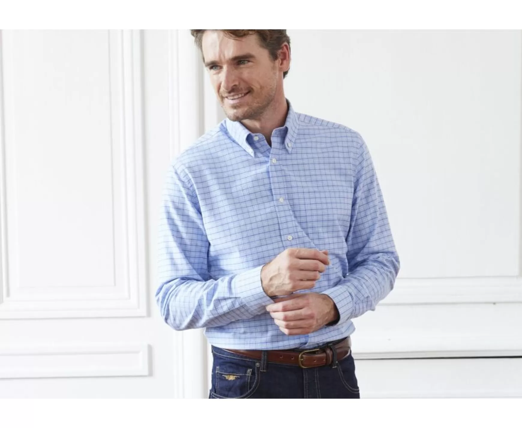 Bexley | Soft Blue Twill Shirt With Checks - Chest Pocket Benetth Soft Blue & Blue