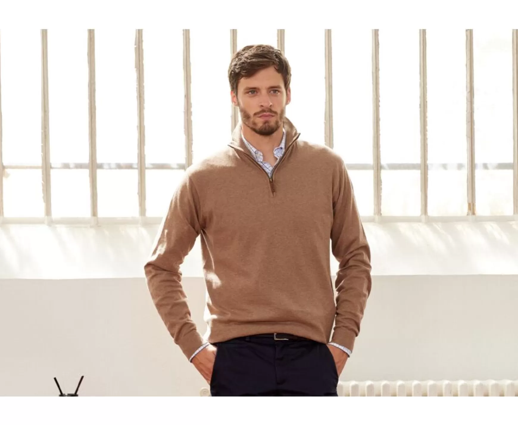 Bexley | Taupe Melange Cotton/Cashmere Half-Zip Thin Jumper Vlad Light Taupe Melange