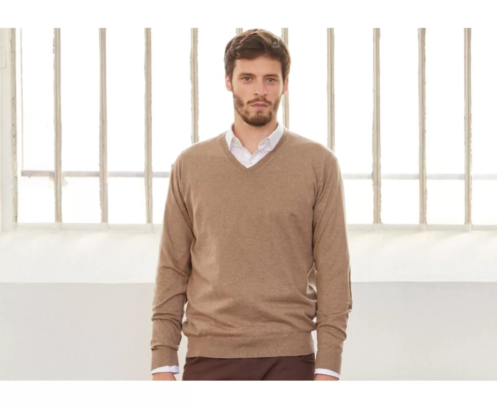 Bexley | Taupe Melange Cotton/Cashmere Thin V-Neck Jumper Vadim Light Taupe Melange