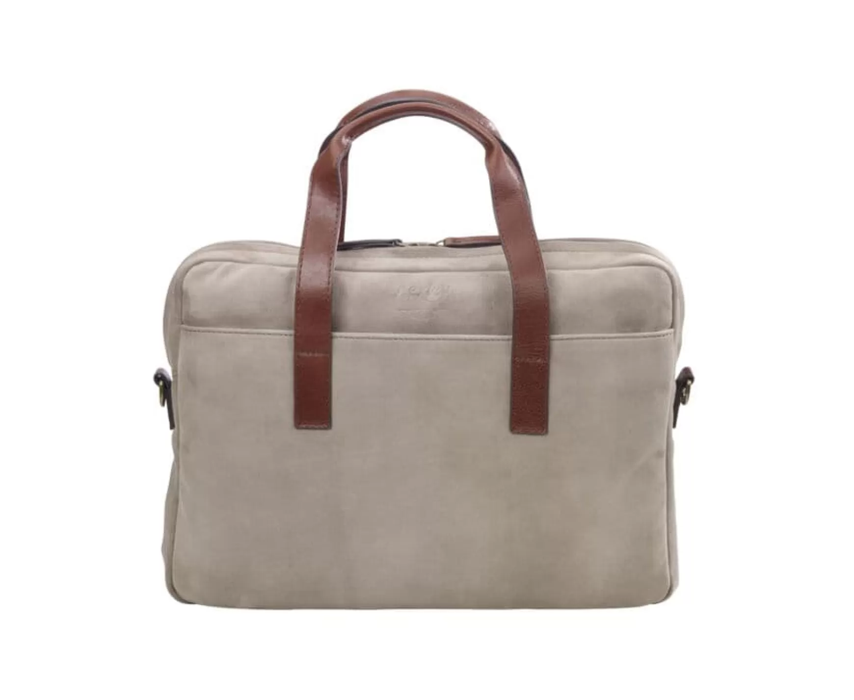 Bexley | Taupe Velvet Men'S Leather Briefcase Harwinton Velours Taupe Et Cuir Cognac